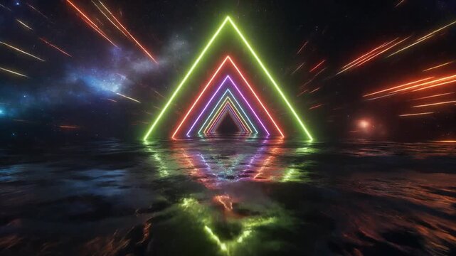 脈打つ虹色の三角形フレームで構成されたハイパースペースネオントンネル
