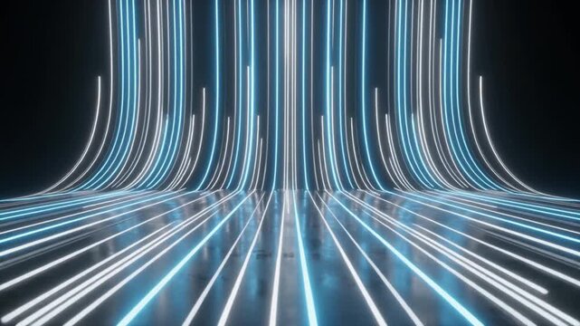 黒背景を滑らかに移動するアイスブルーとプラチナシルバーのネオンライトの軌跡