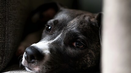 Fototapeta premium A cute sleepy puppy peeks out from behind a couch embodying a feeling of beautiful serenity and cozy domestic comfort