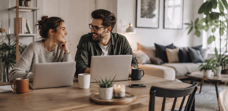 Happy couple working remotely together from modern home office