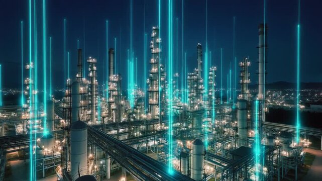 夜間にライトアップされた巨大な石油化学プラントと立ち昇る無数のシアンの光の柱