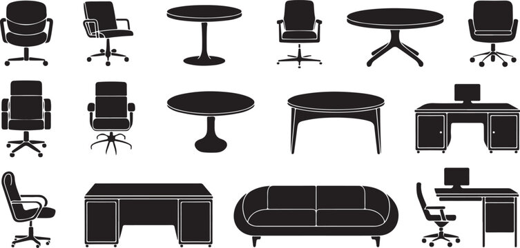 Modern office furniture set containing ergonomic chairs tables and comfortable couches for professional workspace environment.