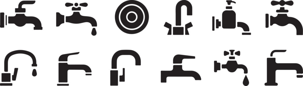 Variety of bathroom and kitchen faucets silhouettes for plumbing and home renovation projects including modern and vintage style.