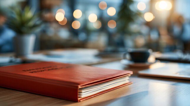 A wide shot of a calm red folder labeled emergency response plan resting softly on a bright office desk response folder faceless still softly defocused backdrop bright office