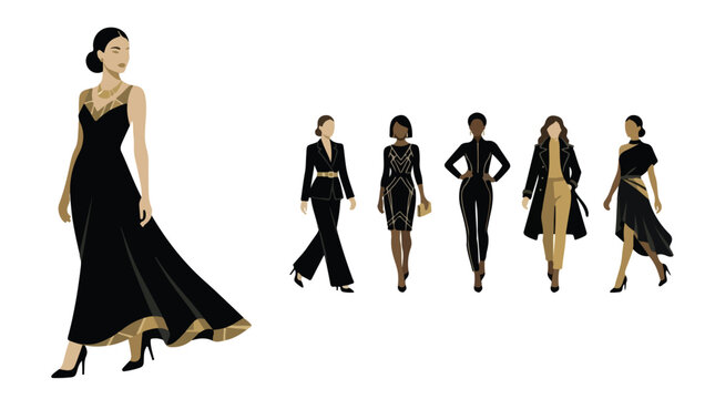 Elegant fashion illustration of diverse women in black and gold evening wear, stylish female models in formal luxury outfits, flat vector set