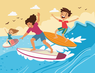Obraz premium Happy Surfing Child on surf board on sea or ocean wave. Active water sports for kids.