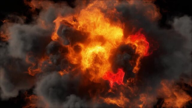 画面全体に広がる鮮やかなオレンジ色の乱気流とボリューメトリックな炎の大爆発