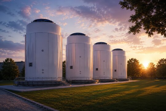 Small Modular Nuclear Reactor Group (SMR). A number of modern small modular nuclear reactors on an industrial site. clean energy, energy security and innovative nuclear technologies of the future.