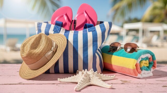 m Tropical beach vacation accessories, striped blue tote bag with pink flip flops, straw sun hat and colorful towel on wooden table