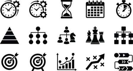 Fototapeta premium Business project management workflow and strategic planning black silhouette icon set