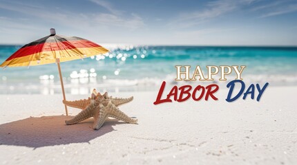Happy Labor Day greeting on tropical beach, summer holiday celebration with starfish and sun umbrella, seasonal vacation background with ocean view