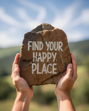 m Inspirational stone with Find Your Happy Place text, hands holding engraved rock outdoors, motivational message for wellness and mental health