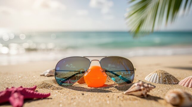 Tropical beach vacation concept with aviator sunglasses, colorful seashells and starfish on sandy shore, sunny ocean landscape background
