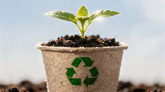 Green seedling growing in biodegradable peat pot with recycle symbol, sustainable gardening and environmental conservation concept, young plant in soil