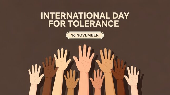  International Day for Tolerance banner with diverse hands, 16 November celebration concept, multicultural unity and inclusion background