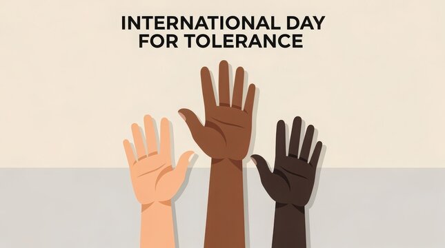 International Day for Tolerance concept with diverse hands raised, multicultural unity and inclusion banner, social justice and human rights illustration