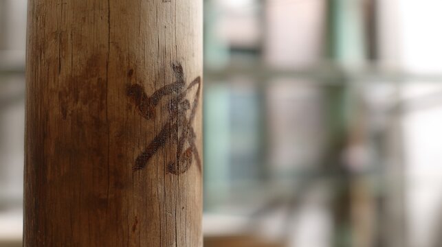 kungfu. Close-up of a worn wooden Wing Chun dummy with impact marks and patina. bar promotions, beverage menus, designed for food & beverage menus and cafe branding.