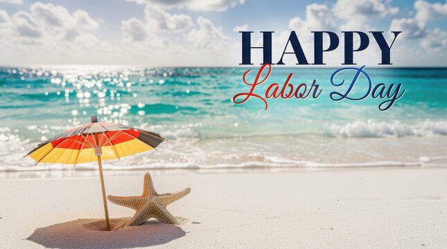 Happy Labor Day greeting on tropical beach, summer holiday background with beach umbrella and starfish, sunny coastal landscape for seasonal promotion