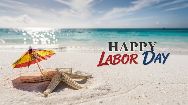  Happy Labor Day greeting on tropical beach, starfish with cocktail umbrella on white sand, summer holiday celebration by turquoise ocean water