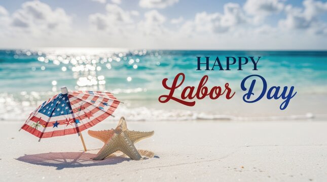  Happy Labor Day greeting on tropical beach, American flag umbrella and starfish on white sand, patriotic summer holiday celebration background