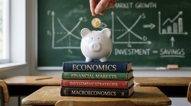 Hand dropping gold coin into piggy bank resting on stacked economics and financial markets textbooks against chalkboard