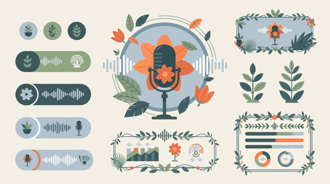 Seamless Nature-Inspired Audio Interface Concept Organic Podcast UI Elements, Botanical Frames, and Waveform Visualizers
