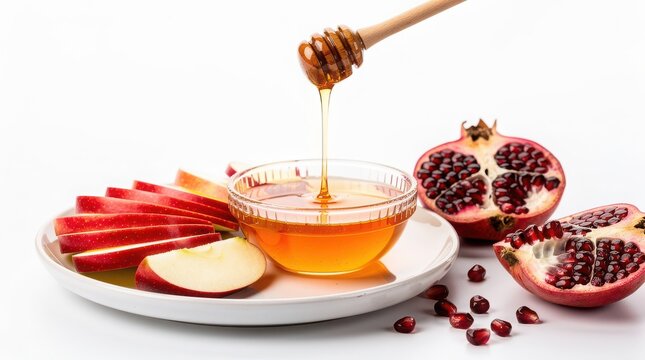 m Rosh Hashanah traditional food still life with honey, pomegranate and apples. Jewish New Year celebration symbols on rustic wooden table with gold silk background.