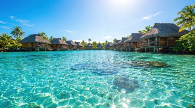 Tropical overwater bungalows on turquoise lagoon, luxury island resort with palm trees, crystal clear ocean water under sunny blue sky
