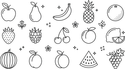 Fruit line icon set featuring apple banana strawberry pineapple cherry lemon watermelon and grape food symbols vector illustration © MSTJANNATUN