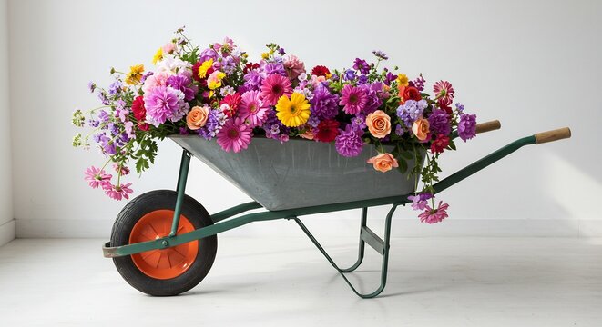 Vibrant spring flowers explosively fill a garden wheelbarrow basking in bright soft studio light a joyful horticulture display. AI Generated