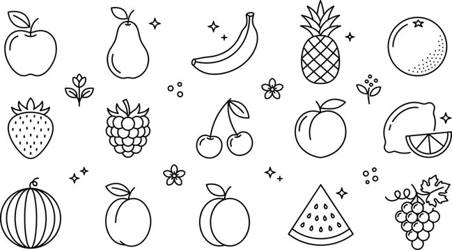 Fruit line icon set featuring apple banana strawberry pineapple cherry lemon watermelon and grape food symbols vector illustration