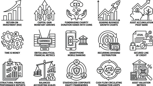 Corporate financial metrics investment banking and accounting line icon set