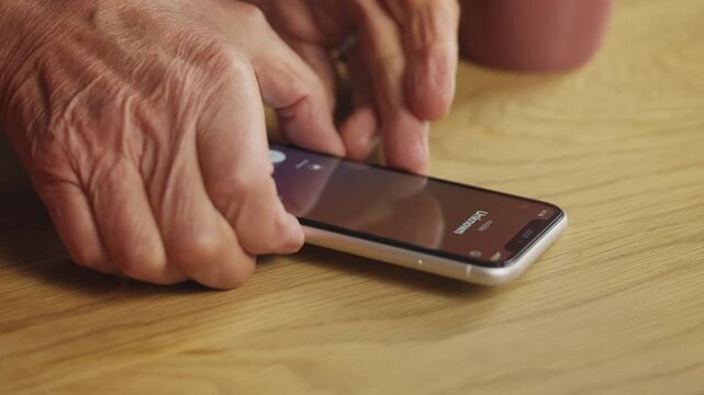 Close-up of senior man answering unknown phone call, cellphone scam awareness