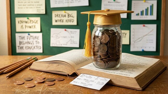 Gold graduation cap on coin jar resting on open textbook with motivational study notes background
