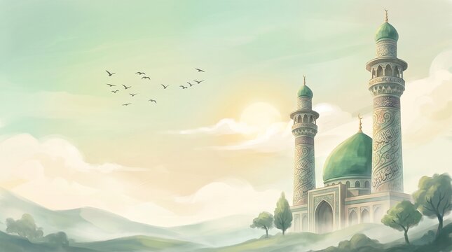 A Poster for a mosque with a green dome and a mosque in the background. Milad un Nabi banner and Islamic background with Mawlid al Nabi celebration