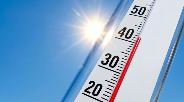 Heatwave thermometer sun sky risk climate warning outdoor summer weather concept. Warming hazard emergency. climate change warning, temperature drought, weather hot summer