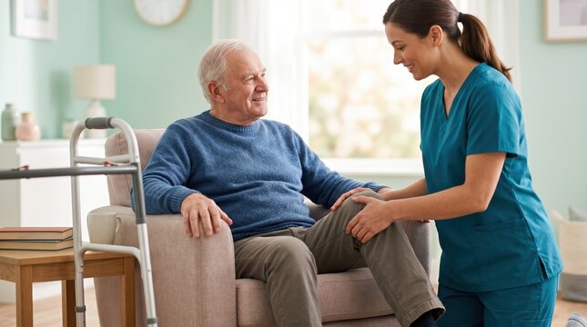 Home health aide assisting elderly man with knee mobility. Female nurse visiting senior patient in living room. Geriatric care and physical therapy concept