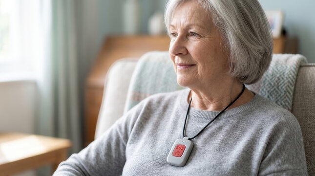 Senior woman wearing a medical alert pendant with an SOS button. Elderly female sitting in an armchair at home with an emergency safety device