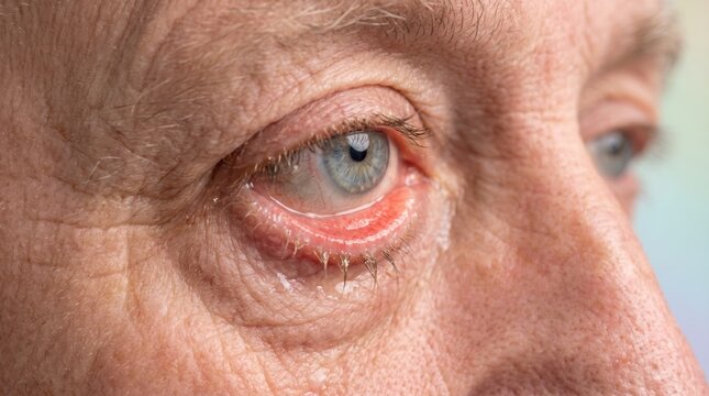 Close up of an elderly eye with ectropion. Outward turned lower eyelid exposing red conjunctiva. Senior medical condition and ophthalmology concept