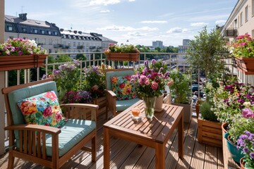 Obraz premium Cozy balcony garden furnishing with summer flowers and city view