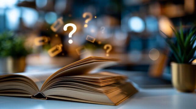 A wide shot of a calm knowledge guide book resting softly open on a bright desk with question tag icons floating above knowledge book faceless still softly defocused backdrop