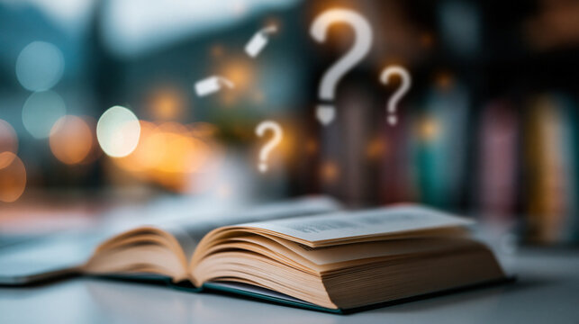 A wide shot of a calm knowledge guide book resting softly open on a bright desk with question tag icons floating above knowledge book faceless still softly defocused backdrop