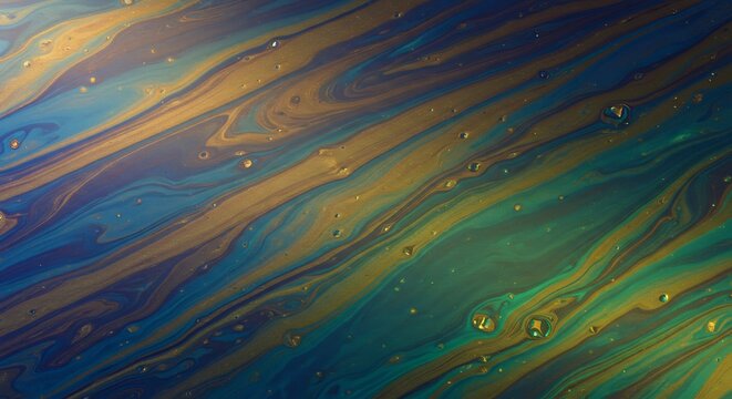 Fluid iridescent swirls of blue gold and green creating a dynamic abstract background with captivating colors. AI Generated