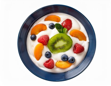 top view of greek yogurt with mix fruits isolated background