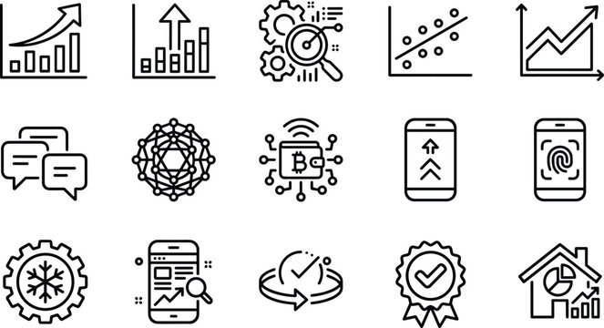 Financial data analytics and digital business tech line icon set