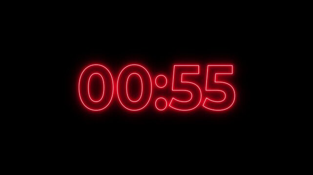 1 Minutes countdown timer with black background. 4K UHD countdown animation. Digital clock timer 1:00 to 00:00. no Sound.