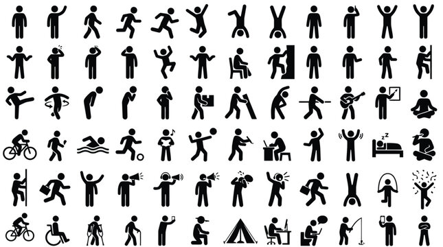 A comprehensive vector illustration set featuring black stick figure icons performing various dynamic daily actions