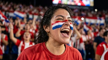 Cheerful female Croatia football fan with a painted flag on her cheek celebrating in a packed stadium.