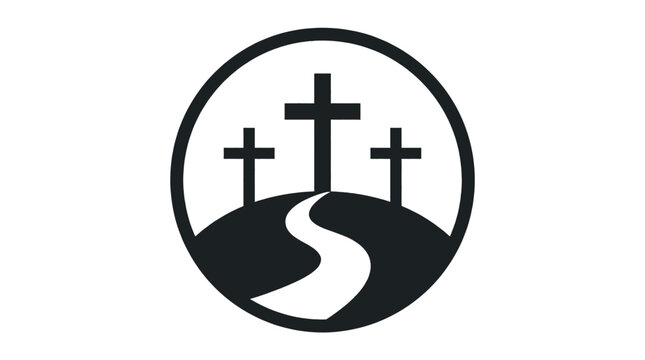 Minimalist black vector illustration showing three crosses on a hill inside a simple circular frame