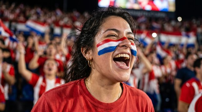 Cheerful female Croatia football fan with a painted flag on her cheek celebrating in a packed stadium.
